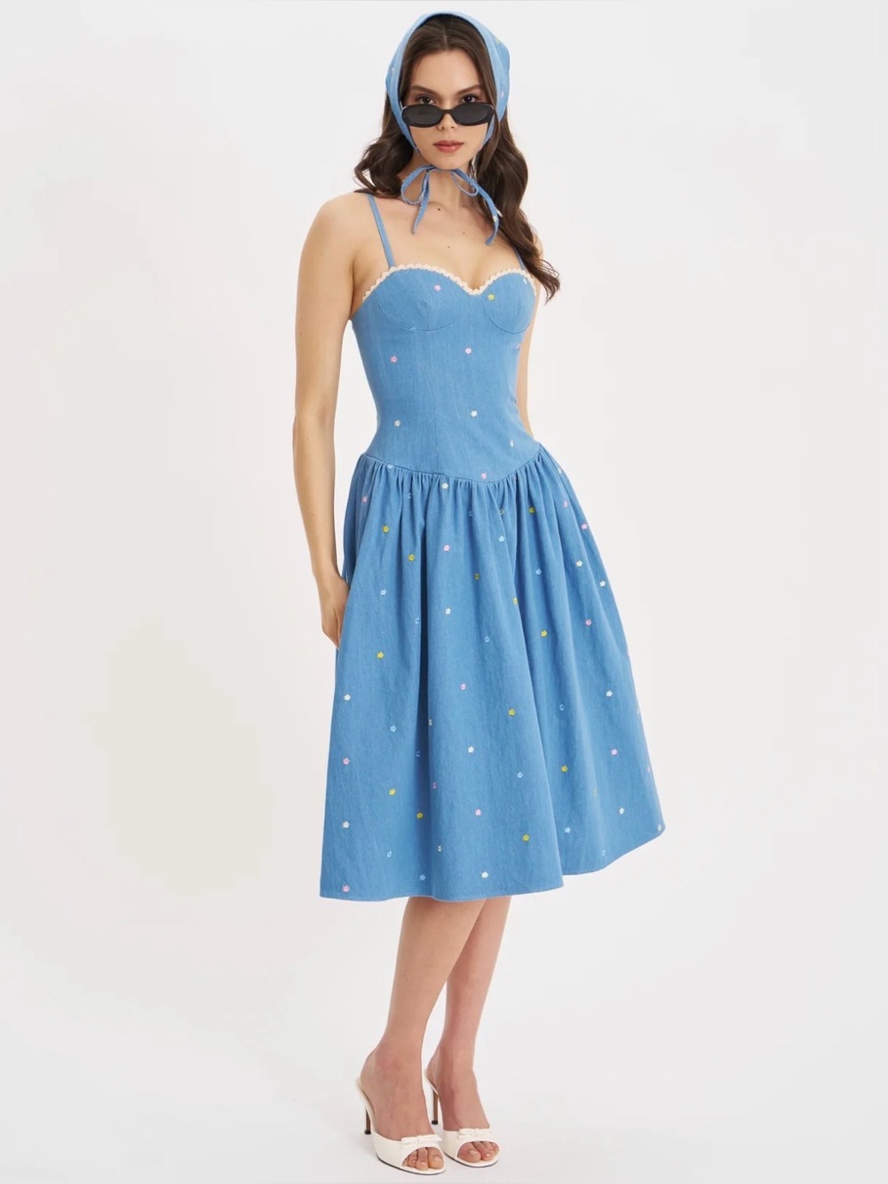 Zadie Cotton Denim Drop Waist Embroidery Flower Midi Dress - Size Small, NWT